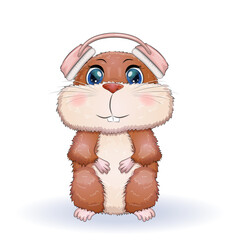 Naklejka premium Cute cartoon character of a hamster wearing headphones and singing a song, funny brown rodent animal pet