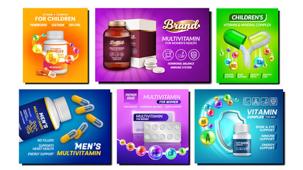 Vitamin health supplement poster set. Healthy food medicine. Nutrition pill. B, C, D, E vitamin capsule. Medical organic complex. poster set vector Illustration