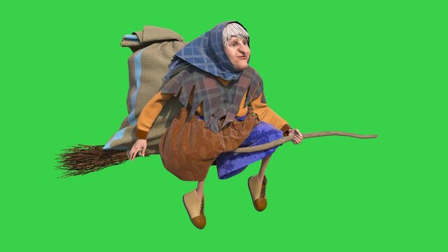 Befana Green Screen Old Lady on the Broom Epifania Perchta Frigg Holda Bertha Berchta 3D Animation 4K