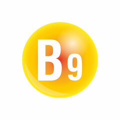 Vitamin b9 and structure. Medicine capsule, Golden substance. 3D Vitamin complex with chemical formula. Personal care and beauty concept illustration