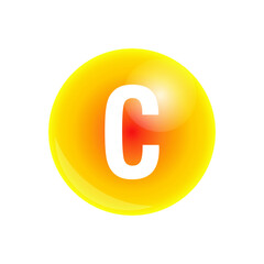 Vitamin C gold shining icon. Ascorbic acid. Shining golden substance drop. Nutrition skin care. Vector illustration