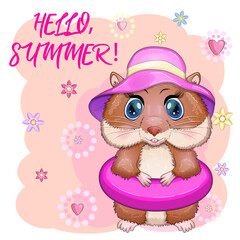 Cute hamster in swimming circle and hat, summer concept, hamster cartoon characters, funny animal