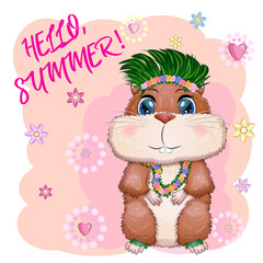 Cute hamster dancer hula, hawaii, summer concept, hamster cartoon characters, funny animal character