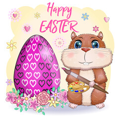 Cute hamster with easter egg, hamster cartoon characters, funny animal character, Easter concept