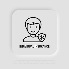 Individual medical insurance thin line icon. Man with medical shield. Modern vector illustration.