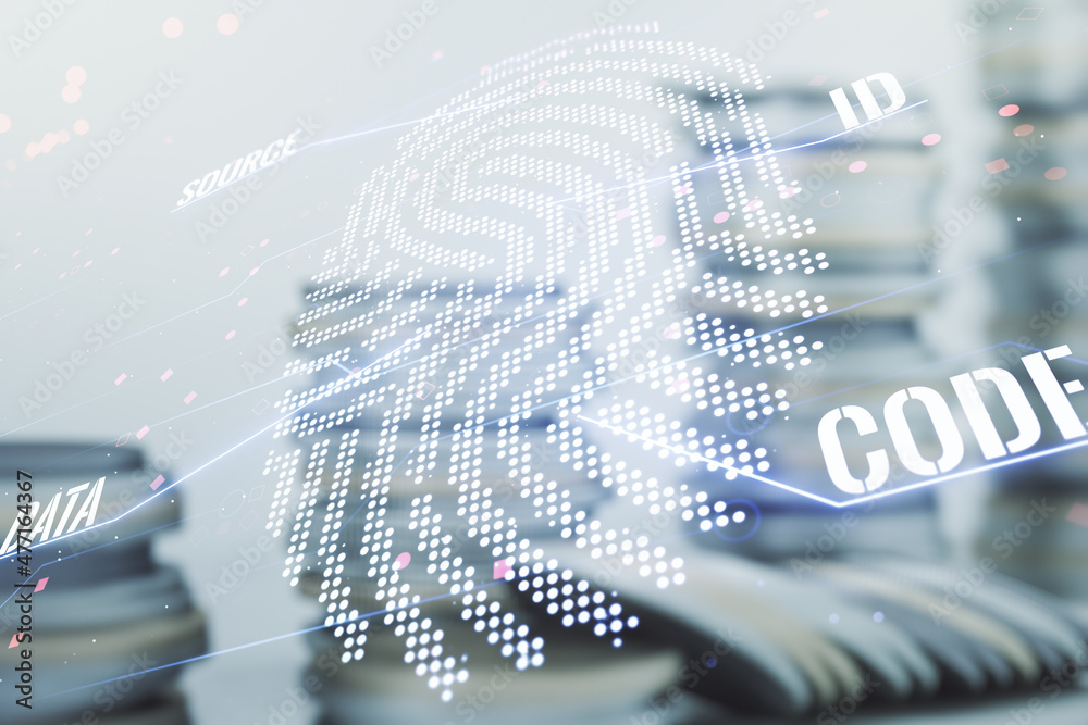 Aufkleber Multi exposure of virtual graphic fingerprint sketch on coins background, fingerprint scan data concept