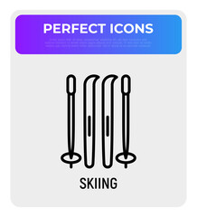 Skiing thin line icon. Modern vector illustration of winter sport equipment.