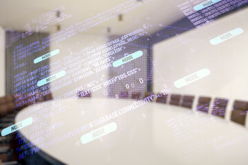 Multi exposure of abstract software development hologram and world map on a modern meeting room background, global research and analytics concept
