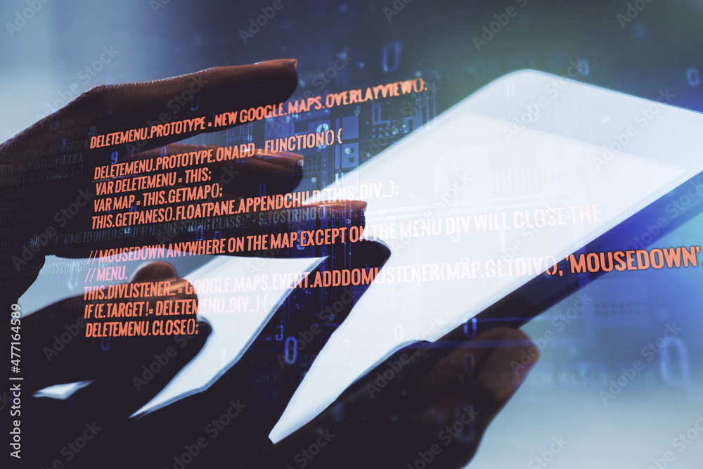 Aufkleber double exposure of abstract programming language hologram with finger clicks on a digital tablet on 