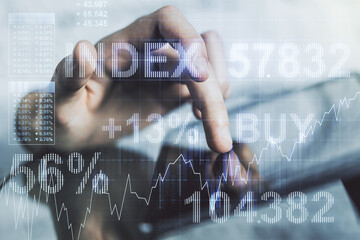 Abstract creative financial graph with finger clicks on a digital tablet on background, forex and investment concept. Multiexposure