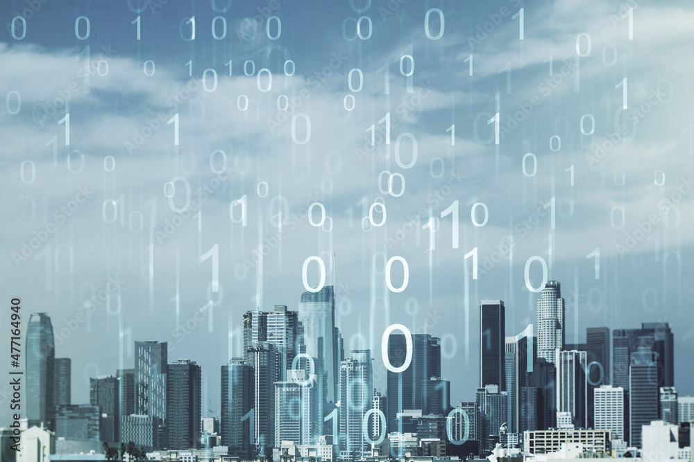 Leinwandbilder abstract virtual binary code illustration on los angeles skyline background. big data and coding con