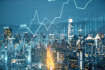 Abstract virtual financial graph hologram on San Francisco skyline background, forex and investment concept. Multiexposure