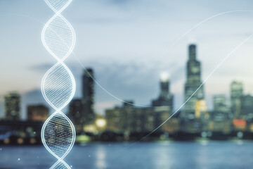 DNA hologram on blurry office buildings background, biotechnology and genetic concept. Multiexposure