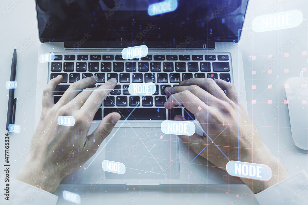 Fototapete double exposure of abstract creative programming illustration and hands typing on laptop on backgrou