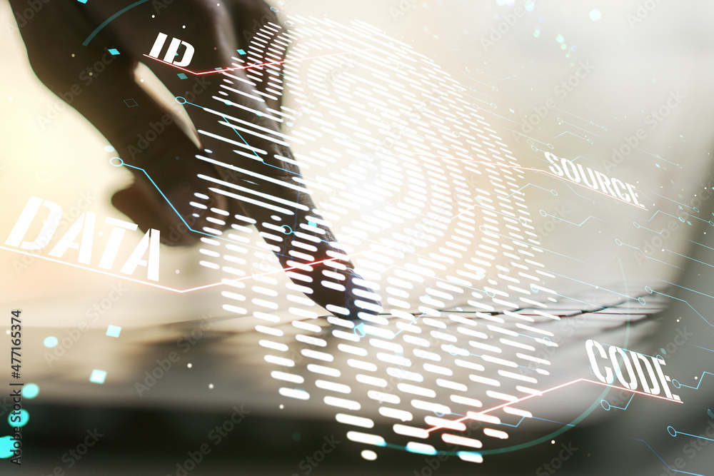 Poster Double exposure of abstract creative fingerprint hologram with hands typing on laptop on background, research and development concept