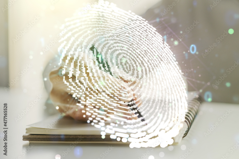 Poster multi exposure of abstract graphic fingerprint sketch with man hand writing in diary on background, 