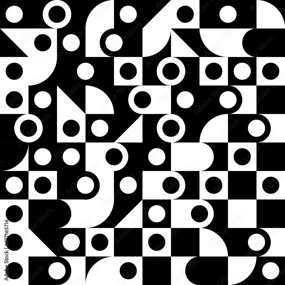 Poster Black and white mosaic texture made up of simple geometric shapes. Vector with circles and triangles, a bit like a chessboard. Abstract checkered texture.