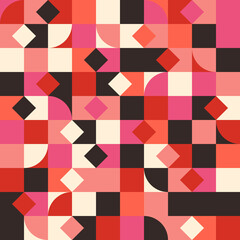 Rhombuses and semicircular shapes in red and pink colors. Vector mosaic pattern with rhombuses and quarters of a circle.