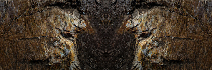 Alien Heads Sculpted in a Granite Rock, Symmetrical Kaleidoscope Mirror, Abstract Background.