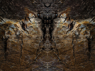Alien Heads Sculpted in a Granite Rock, Symmetrical Kaleidoscope Mirror, Abstract Background.