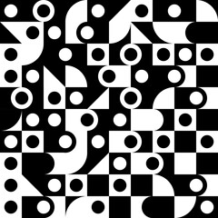 Black and white mosaic texture made up of simple geometric shapes. Vector with circles and triangles, a bit like a chessboard. Abstract checkered texture.