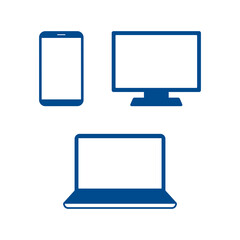 Digital technology device and multimedia blue icon set vector. Mobile phone, laptop, monitor graphic icons isolated on a white background