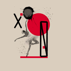 Contemporary art collage. Colorful design. Ballerina dancing, performing isolated over gray background with red and black drawn elements