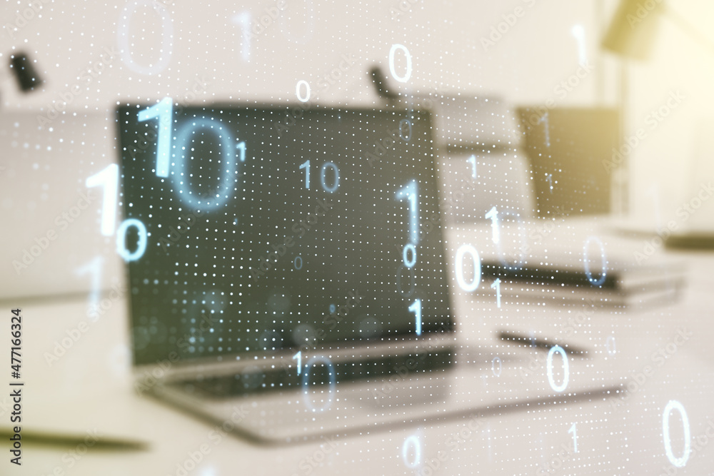 Poster creative abstract binary code hologram on modern computer background, ai and machine learning concep