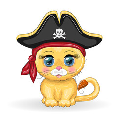 Lion pirate, cartoon character of the game, wild animal cat in a bandana and a cocked hat with a skull, with an eye patch. Character with bright eyes