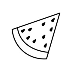 Linear cartoon hand drawn watermelon icon. Cute doodle watermelon slice. Monochrome watermelon silhouette sign.