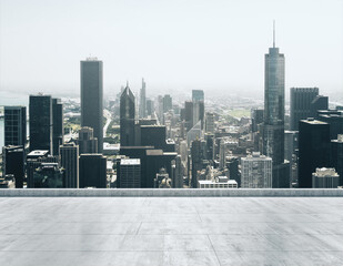 Empty concrete dirty rooftop on the background of a beautiful Chicago city skyline at daytime, mockup