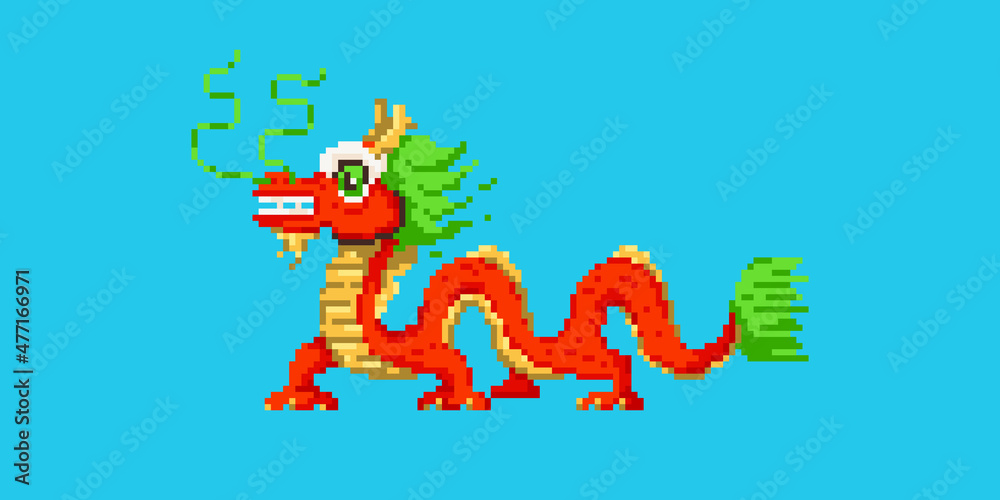 Wall mural pixel art chinese dragon icon. vector 8 bit style illustration of asian traditional dragon. isolated