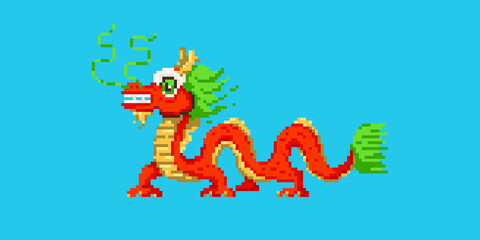 Pixel art chinese dragon icon. Vector 8 bit style illustration of asian traditional dragon. Isolated red and gold holiday decorative element for retro video game computer graphic. - obrazy, fototapety, plakaty