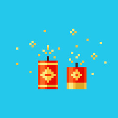 Pixel art red petard icon. Vector 8 bit style illustration of Chinese firecracker or petard. Isolated red and gold holiday explode burst element of retro video game computer graphic.