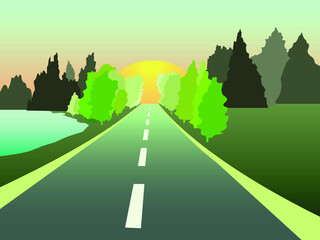 illustration in green shades with the image of a road passing through the forest and going towards the rising sun for prints on postcards, banners and when decorating interiors in a cartoon eco style