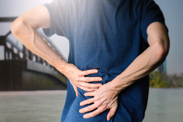 Sport injury, Man with back pain. eople, healthcare and problem concept.