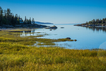 View on the Sept-Iles bay and the St Lawrence river from Aylmer Whittom Park, near Sept-Iles, in...