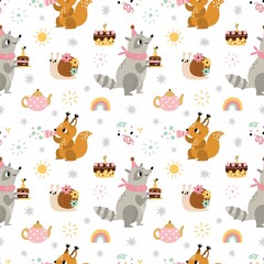 Obraz na płótnie Canvas Seamless animals birthday pattern. Cute forest characters with kids party elements, racoon with cake, squirrel and pipe, funny snail. Decor textile, wrapping paper wallpaper, vector print