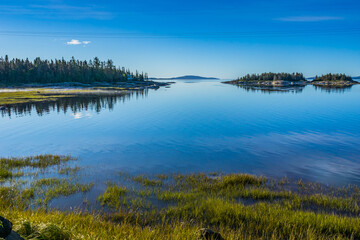 View on the Sept-Iles bay and the St Lawrence river from Aylmer Whittom Park, near Sept-Iles, in Cote Nord region of Quebec, Canada