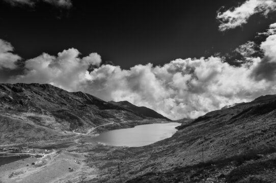 Elephant Lake, named due to it's shape as a lying elephant, remote high altitude lake at kupup Valley, Sikkim. Himalayan mountain range, Sikkim, India - black and white image