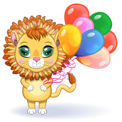 Cartoon lion with expressive eyes. Wild animals, character, childish cute style.