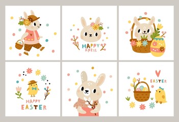 Easter rabbits cards. Cute cartoon bunny and little chicks characters, patterned holiday eggs with hunters, funny baby animals and birds festive posters collection, vector isolated celebration set