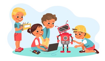 Kids robotics project. Little engineers, boys and girls programming robot, childish amateur radio club, young programmers, babies play with androids, vector cartoon flat isolated concept