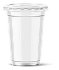 Empty clear plastic cup with lid. Realistic mockup of disposable container