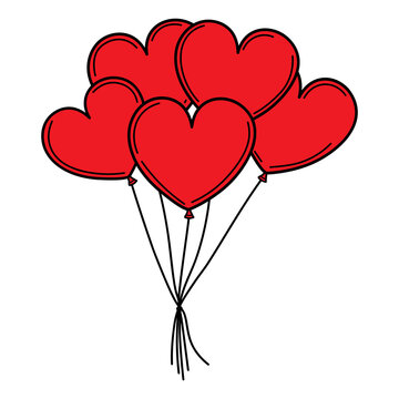 Flying Red Balloons In Heart Shape. Valentine's Day Hand Drawn Vector Illustration