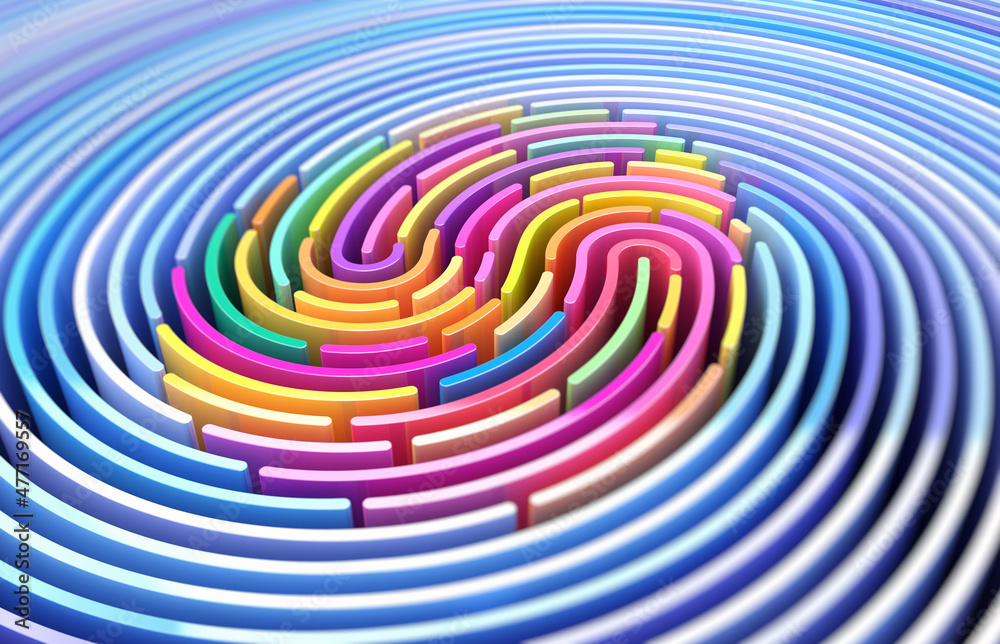 Poster 3d render abstract background of stylized fingerprint of smooth lines of spline gradient multicolor 