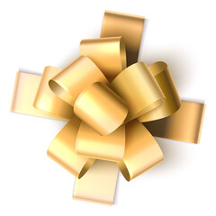 Gift ribbon bow top view. Realistic golden bands