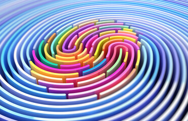 3D render abstract background of stylized fingerprint of smooth lines of spline gradient multicolor waves with dof