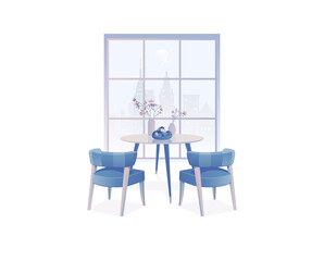 This bright, simple dining room is given a fresh and clean look with its blue color scheme. The night city outside the window adds a romantic mood.