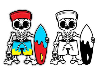 Cartoon illustration of skeleton wearing cap and swim wear holding a surfboard, best for mascot, logo, and sticker for surf clothing store
